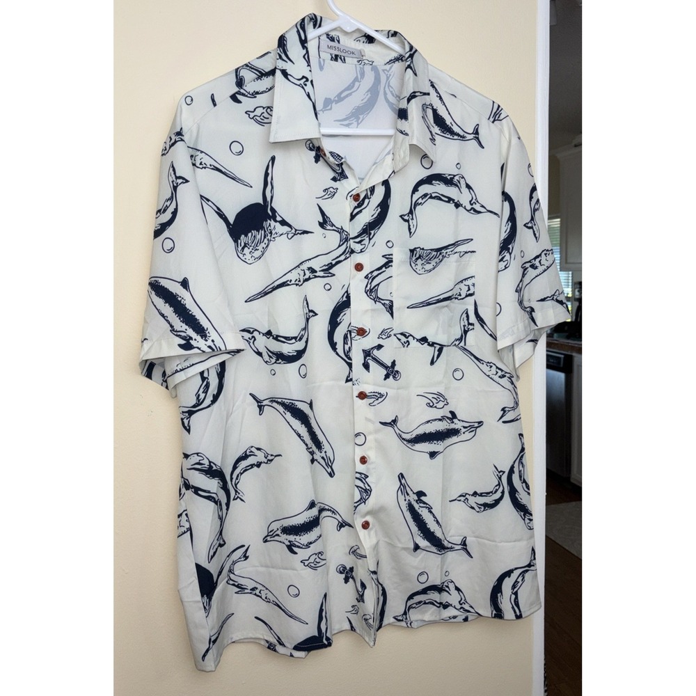 MISSLOOK Button Up Shirt Mens  L   Fish All Over Short Sleeve Funky